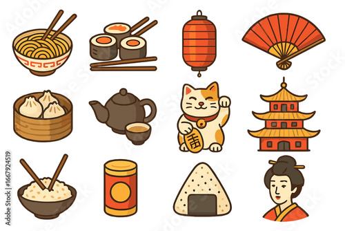 Asian culture icon set. Japanese food and Chinese traditional symbols. Vector illustration. Ramen, sushi, geisha, lantern, maneki neko cat, tea, pagoda, dumplings, fan.