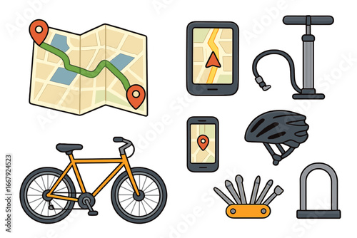 Bicycle travel and navigation icon set. Vector illustration of cycling equipment. Bike, helmet, gps navigator, map, pump, lock, multitool. Bike accessories and repair tools.