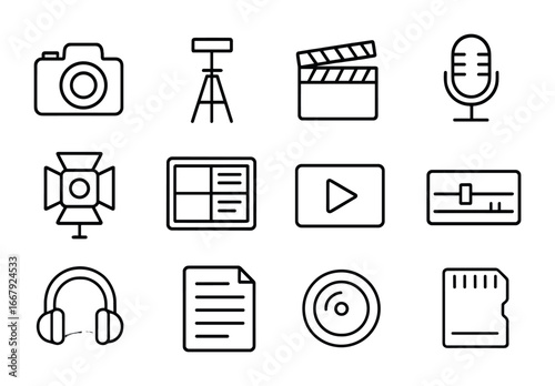 Video Production Icons. Outline icon set of video production: camera, tripod, clapperboard, microphone, light,