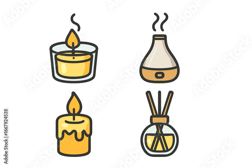 Aromatherapy icons for wellness and relaxation. Home fragrance collection with candle, aroma diffuser, essential oil reed sticks. Vector cartoon illustration for spa and comfort.