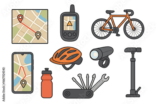 Bike travel and city cycling equipment icons. Flat vector cartoon set with bicycle, GPS navigator, map, helmet, light, pump and multi-tool for bike repair and safety.