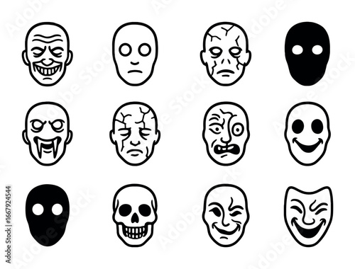 Eldritch Horror Icons. Outline icon set of eldritch horror expressions: twisted grin, vacant stare, snarling