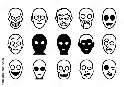 Eldritch Horror Icons. Outline icon set of eldritch horror expressions: twisted grin, vacant stare, snarling