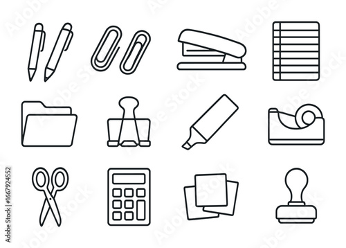 Law Office Supplies Icons. Outline icon set of law office supplies: pens, paperclips, stapler, legal pads,