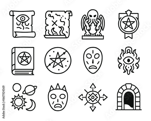 Eldritch Horror Icons. Outline icon set of eldritch horror myths: ancient scroll, cryptic map, mysterious