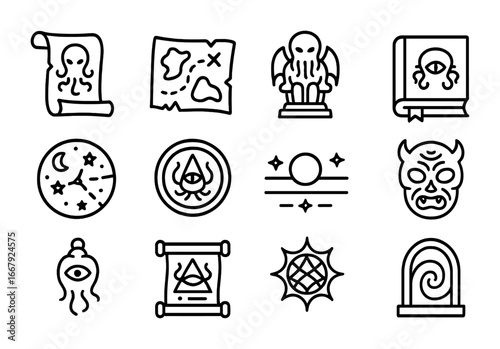 Eldritch Horror Icons. Outline icon set of eldritch horror myths: ancient scroll, cryptic map, mysterious