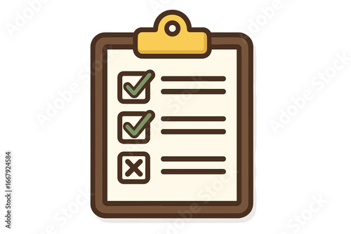 Vector clipboard with checklist, task list document with checkmark and cross symbols. Concept for survey, exam, report, or questionnaire. Business planning and project management.