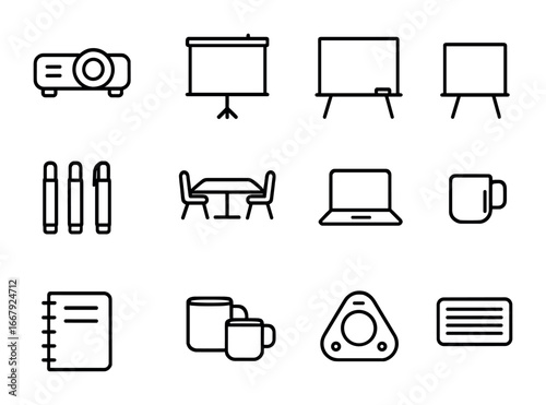 Site Meeting Icon Set. Outline icon set of site trailer meeting essentials: projector, screen, whiteboard,