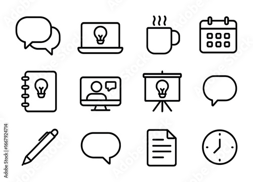 Professional Icons Grid. Outline icon set of professional idea sharing: chat bubbles, laptop, coffee, calendar