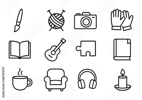 Hobbies Icon Set. Outline icon set of hobbies for me-time: paintbrush, knitting needles, camera, gardening