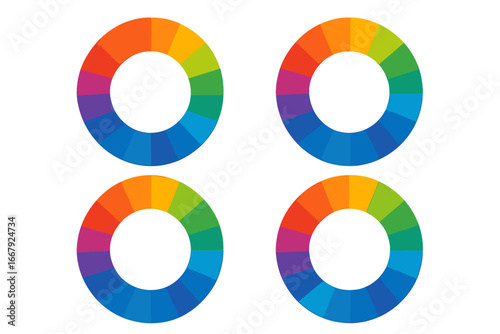 Color wheels set. Vector circle palette. Rainbow color spectrum guide. Tool for artist and designer. Graphic design element for color theory and harmony. Hue picker flat icons.