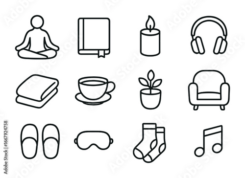 Mindful Me-Time Icons. Outline icon set of mindful me-time: meditation pose, journal, candle, headphones, soft