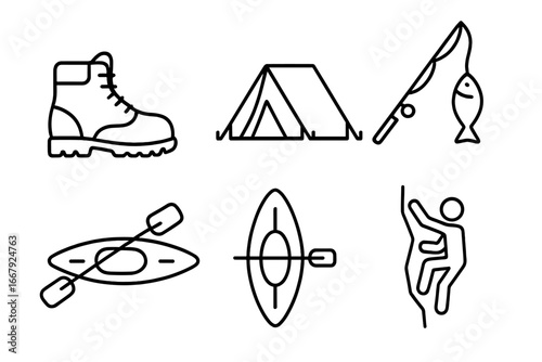 Outdoor adventure and hobbies line icon set. Collection of minimalist vector symbols for recreation and tourism. Hiking, camping, fishing, kayaking and rock climbing signs.