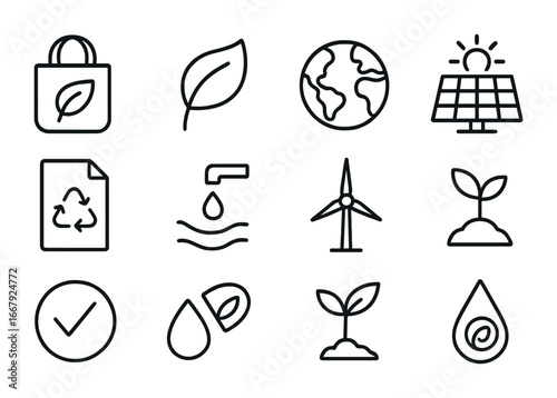 Sustainable Lifestyle Icons. Outline icon set of sustainable lifestyle labels: eco bag, leaf, earth, solar
