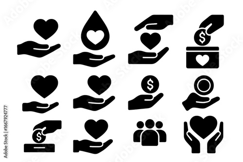 Donation and charity icon set. Volunteer, help, and social work symbols. Vector collection of hands, hearts, and money for fundraising. Minimalist glyph design for support.