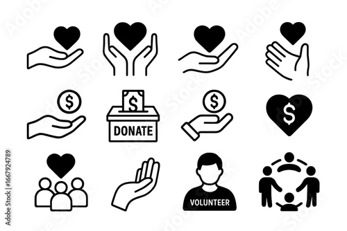 Donation and charity vector icon set. Volunteer, giving, and community support symbols. Line art collection with hands, heart, money, and people for philanthropy or fundraising.