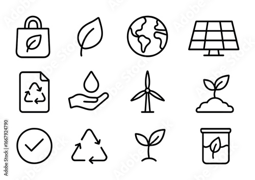 Sustainable Lifestyle Icons. Outline icon set of sustainable lifestyle labels: eco bag, leaf, earth, solar