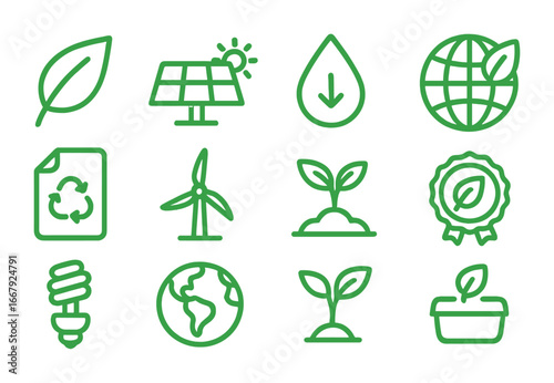 Eco-Friendly Icon Set. Outline icon set of green marketing elements: leaf, solar panel, water conservation,