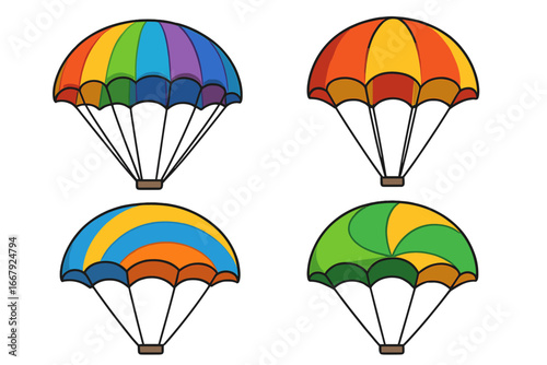 Set of colorful parachutes. Vector icons for skydiving, paragliding, and air sports. Adventure and freedom concept. Cartoon illustration of various parachute designs collection.