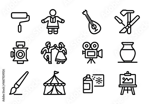 Cultural Art Icons. Outline icon set of mixed cultural art forms: paint roller, ethnic costume, musical