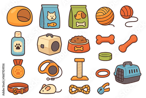 Pet shop icon set. Vector cartoon collection of dog and cat care accessories, food, toys, and grooming products. Cute illustration for veterinary clinic or animal supplies store.
