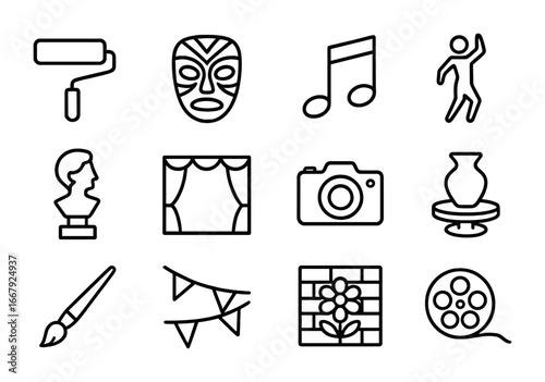 Cultural Art Tool Icons. Outline icon set of cultural art collaboration tools: paint roller, ethnic mask,