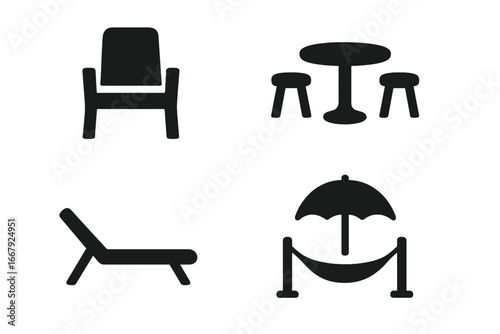 Outdoor furniture glyph icon set for garden and patio. Vector silhouette graphic collection of recreation equipment: chair, table, stools, sun lounger, deckchair, hammock.