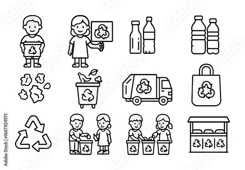 Children Recycling Icons. Outline icon set of children recycling activities: kids holding recycling bin,