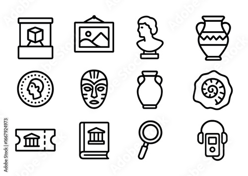 Museum Icon Set. Outline icon set of museum collections: display case, painting, sculpture, artifact, ancient