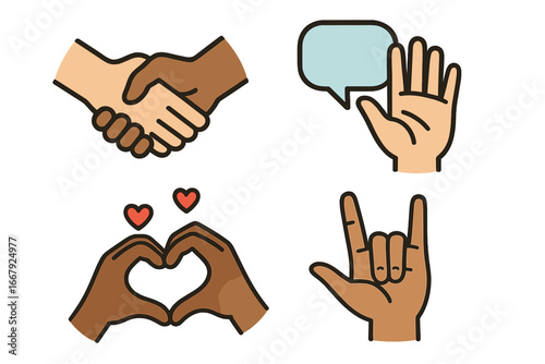 Diverse hand gestures icon set. Multiracial hands symbolizing communication, love, agreement. Vector handshake, heart shape, I love you sign, speech bubble. Unity and connection.