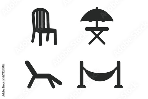 Outdoor furniture solid icon set. Garden patio equipment silhouettes. Vector icons of a chair, table with umbrella, sun lounger and hammock for summer relaxation and vacation.