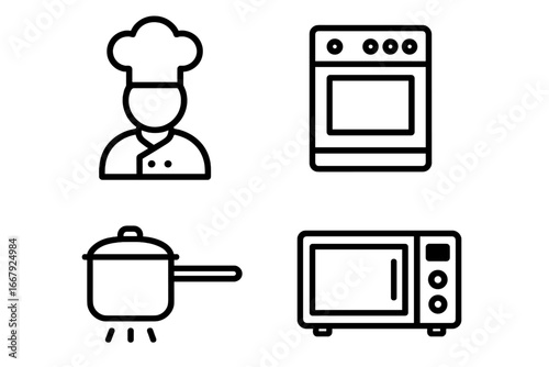 Kitchen and cooking line icon set. Chef, stove, cooktop, oven, pot, pan, and microwave vector icons. Gastronomy, culinary, restaurant, and recipe outline symbols.