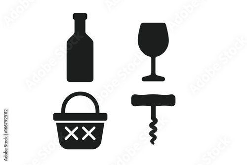 Wine tasting essentials icon set. Outdoor picnic graphic elements. Vector silhouette icons of a wine bottle, glass, corkscrew, and basket for summer leisure and celebration.