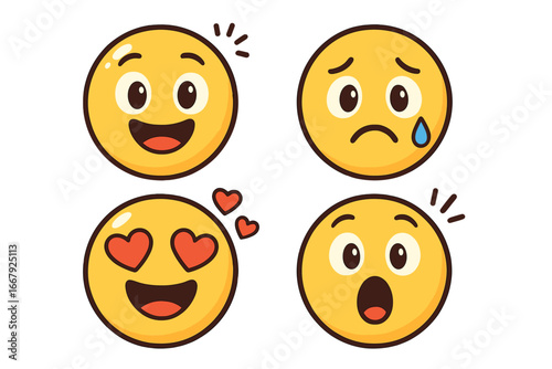 Set of cute cartoon emoji faces. Emoticon icon collection with different emotions. Happy, sad, in love, surprised. Vector character illustration for social media chat.