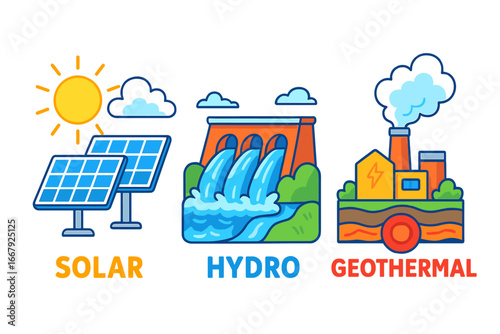 Set of renewable energy source icons. Solar, hydro, geothermal power generation. Sun panel, water dam, earth heat station. Vector cartoon illustration for green electricity.