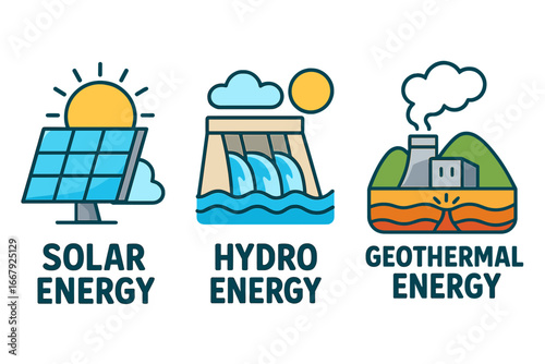 Renewable energy sources icon set. Solar, hydro, geothermal power. Green, alternative, sustainable, clean electricity generation. Ecology concept. Vector flat cartoon illustration.
