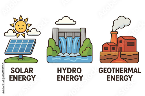 Renewable energy sources icon set. Solar, hydro, geothermal power. Green electricity generation concept. Ecology & environment friendly sustainable energy vector illustration.