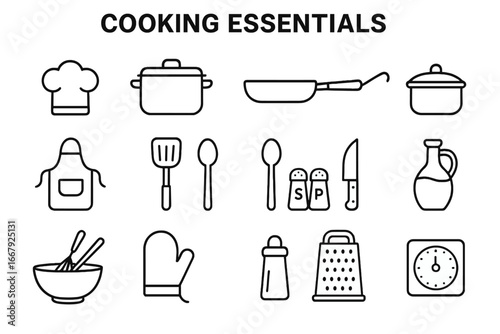 Cooking essentials outline icon set. Kitchen utensil and tools line collection. Vector illustration of cookware, kitchenware, chef hat, pot, pan, and apron for culinary design.