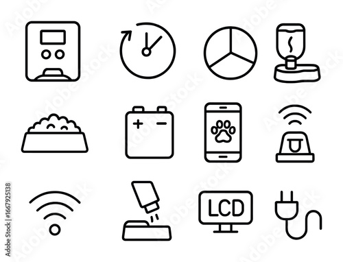 Automatic Pet Feeder Icons. Outline icon set of automatic pet feeders: digital feeder, timer icon, rotating