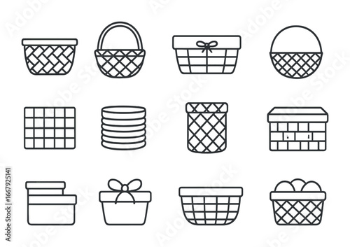 Decorative Basket Icons. Outline icon set of decorative baskets for storage: woven basket, wicker handle,