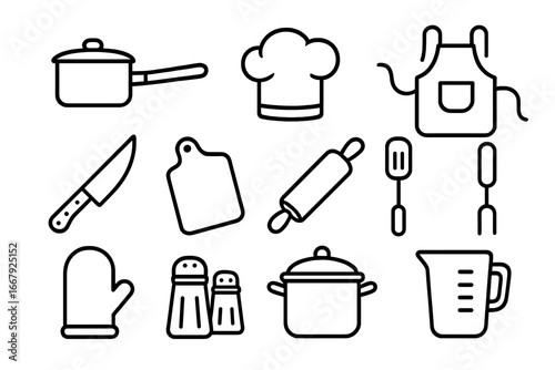 Cooking essentials outline icon set. Kitchen utensil and tools line collection for gastronomy. Vector illustration of pot, pan, chef hat, apron, knife, and cutting board.