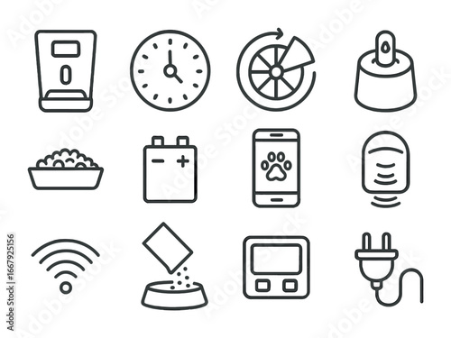 Automatic Pet Feeder Icons. Outline icon set of automatic pet feeders: digital feeder, timer icon, rotating