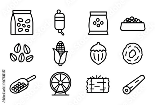 Hamster Care Icons. Outline icon set of feeding hamsters: seed mix, water bottle, pellet bag, food dish,