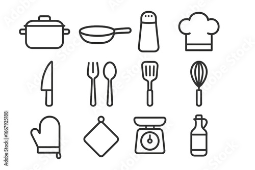 Cooking essentials outline icon set. Kitchen utensil and tools line collection for culinary projects. Vector graphic of chef equipment, pot, pan, cutlery, and whisk for design.