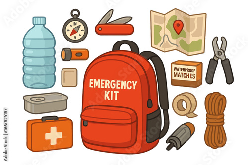 Survival gear and emergency kit essentials. Bug out bag for disaster preparedness. Vector illustration of tools for outdoor safety, hiking, camping. First aid concept set.