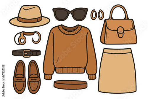 Women's fashion flat lay with autumn outfit. Vector set of clothing and accessories. Casual chic style. Sweater, skirt, handbag, shoes, hat, sunglasses. Capsule wardrobe concept.