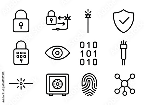 Quantum Cryptography Icons. Outline icon set of quantum cryptography: lock, quantum key distribution, photon