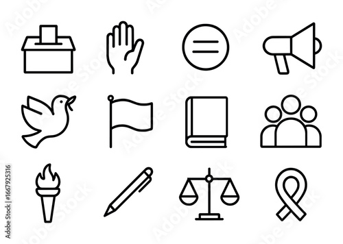 Women's Suffrage Icons. Outline icon set of women’s suffrage movement: ballot box, raised hand, equality sign,