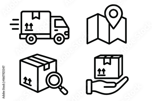 Delivery and logistics icon set. Shipping, tracking, and transport outline style icons. Vector illustrations for e-commerce, cargo, freight, and supply chain management.