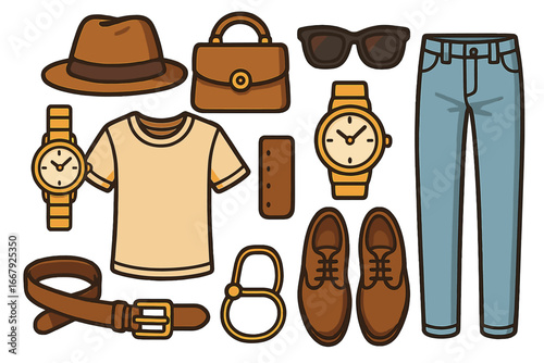 Men's fashion flat lay with casual clothes and accessories. Vector icon set with shirt, jeans, shoes, watch, hat, sunglasses, and bag. Everyday travel essentials outfit.